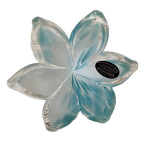 Aqua & White Murano  Curly Stem Glass Flower. Made In Italy. New With Sticker